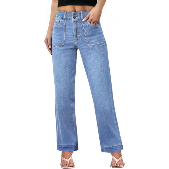 Denim - Women's High Waisted Straight Leg Denim Pants Stretch Tummy Control Casual